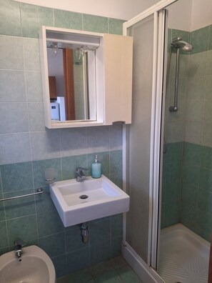 Douche, sèche-cheveux, bidet, serviettes fournies