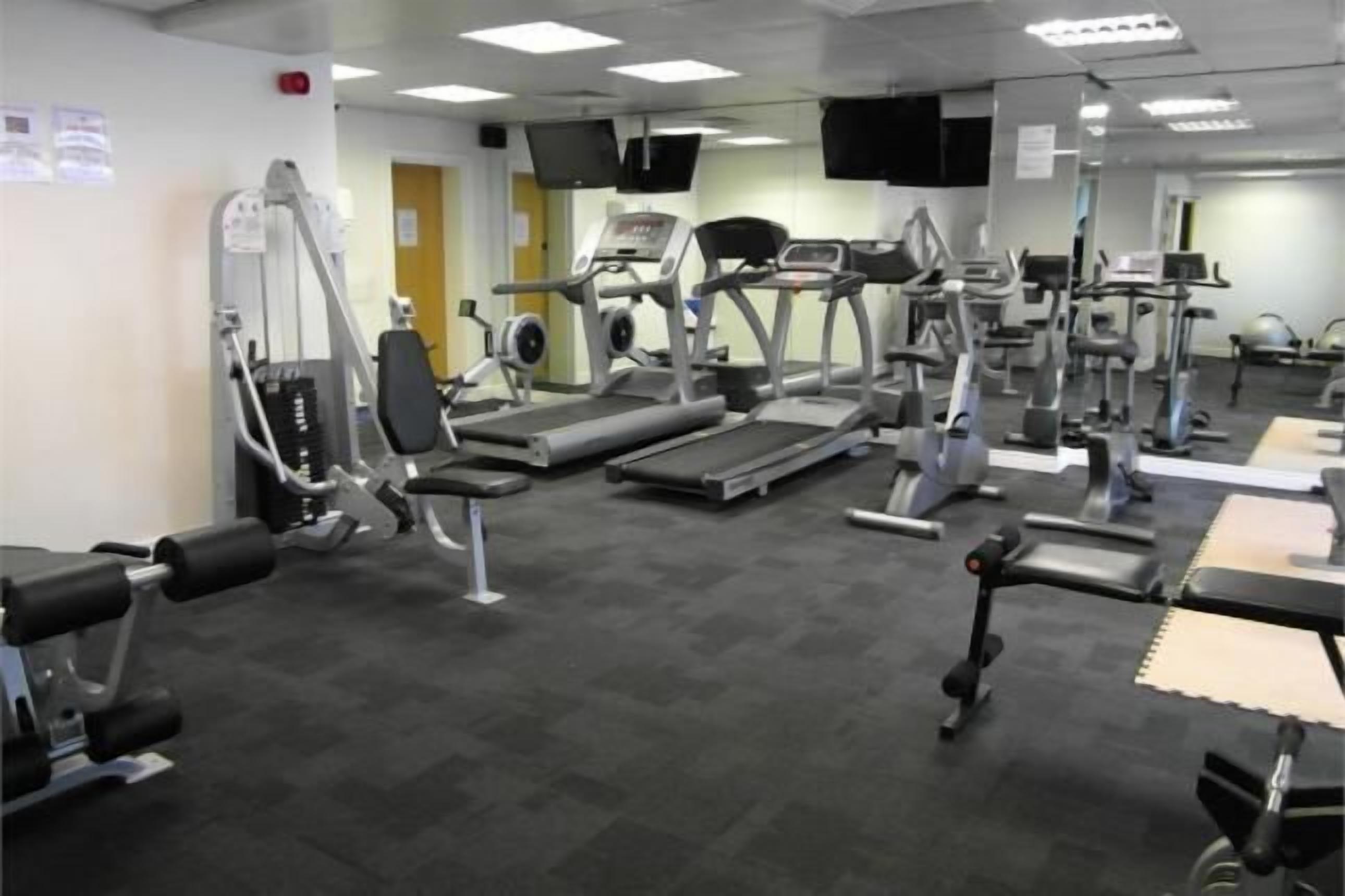 A gym with treadmills, elliptical machines, and weight benches.