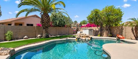 A swimming pool with a curved edge, surrounded by a concrete deck, palm trees, and a basketball hoop.