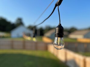 Primer plano de una bombilla colgante con una estructura de vidrio transparente, conectada por un cable negro.