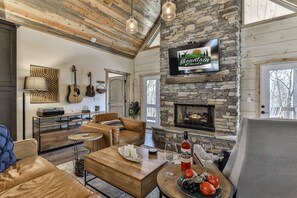 Smart TV, fireplace, DVD player, books