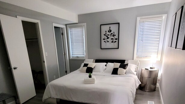 A modern bedroom with a large bed, a black and white striped rug, and a ceiling light fixture. - Natures Get-A-Way in Historical Excelsior (Excelsior)