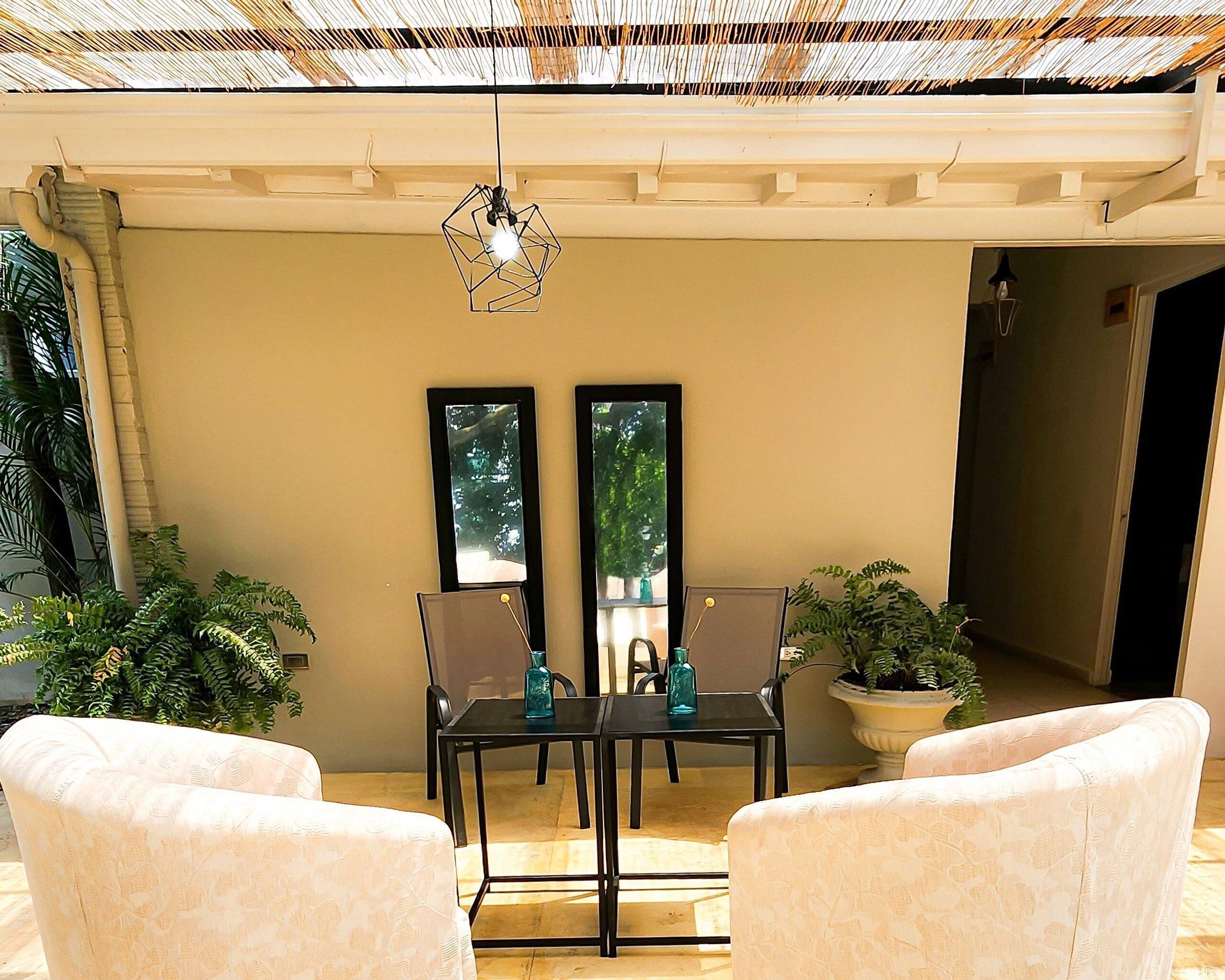 A dining area with a table and chairs, two framed mirrors on the wall, and potted plants.