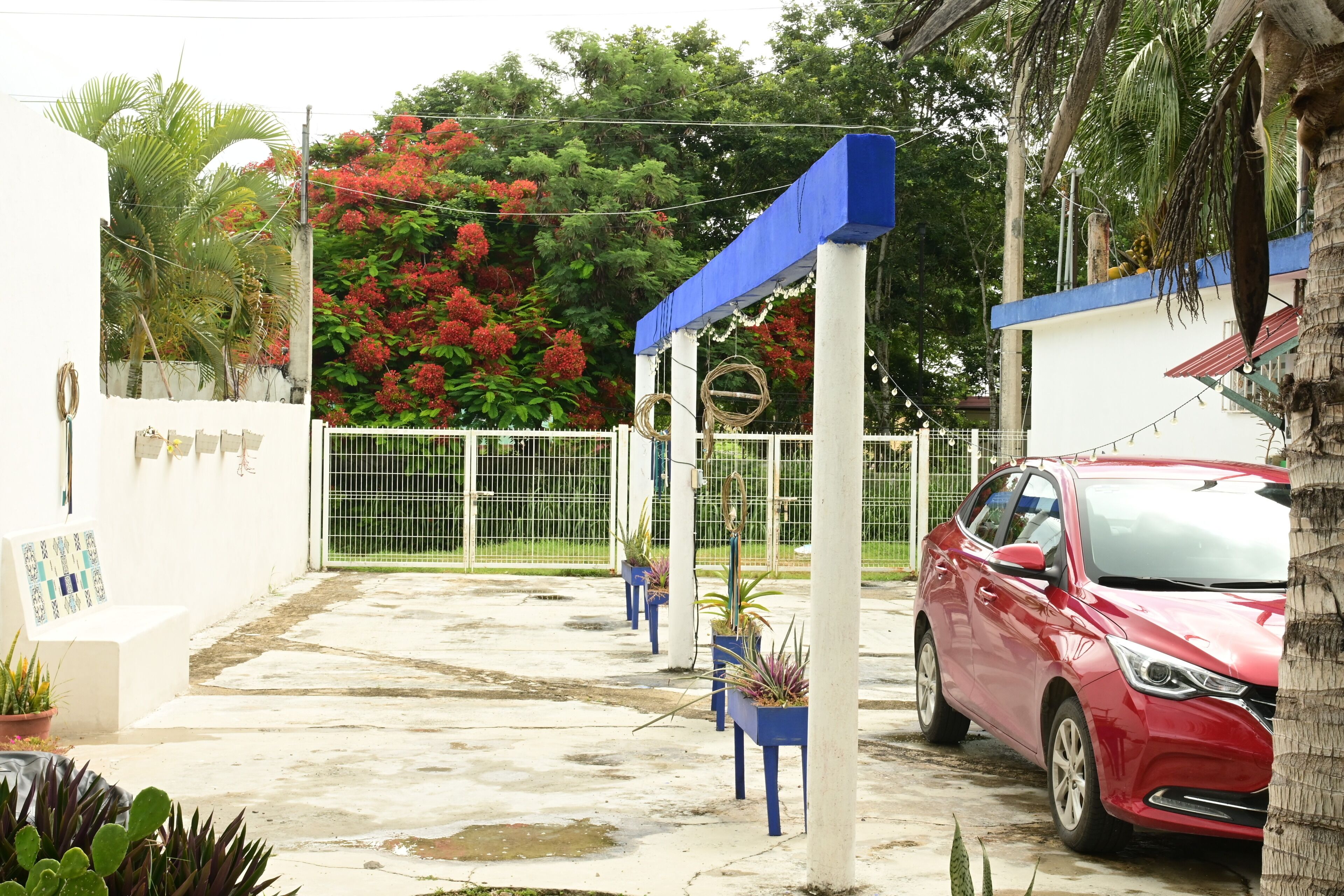 A gated parking area with a red car parked inside, surrounded by potted plants and a white fence.