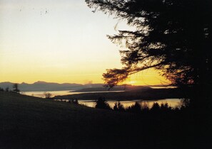 Ein Sonnenuntergang über einem See mit Bergen im Hintergrund und einem Baum im Vordergrund.