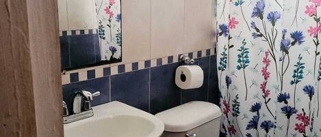 A bathroom with a sink, toilet, and shower curtain with floral patterns.