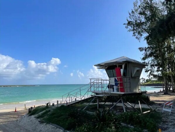 Plage à proximité, chaises longues, serviettes de plage