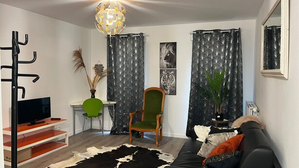 Ein modernes Wohnzimmer mit einem Flachbildfernseher, einem grünen Sessel, einer schwarzen Ledersofa und einem Kuhfellteppich, sowie einer Globen-Leuchte.