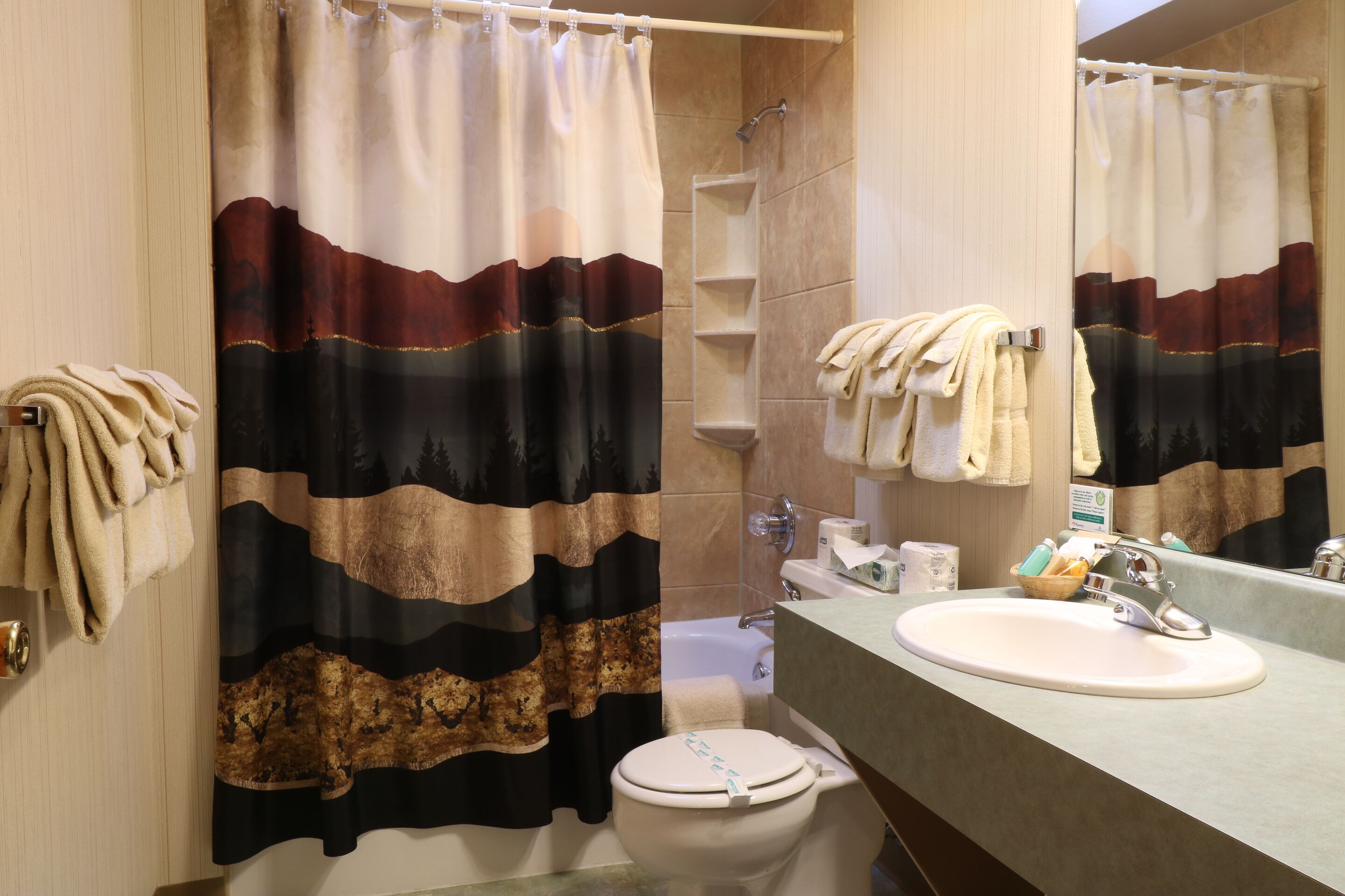A bathroom with a shower curtain, toilet, sink, and mirror.