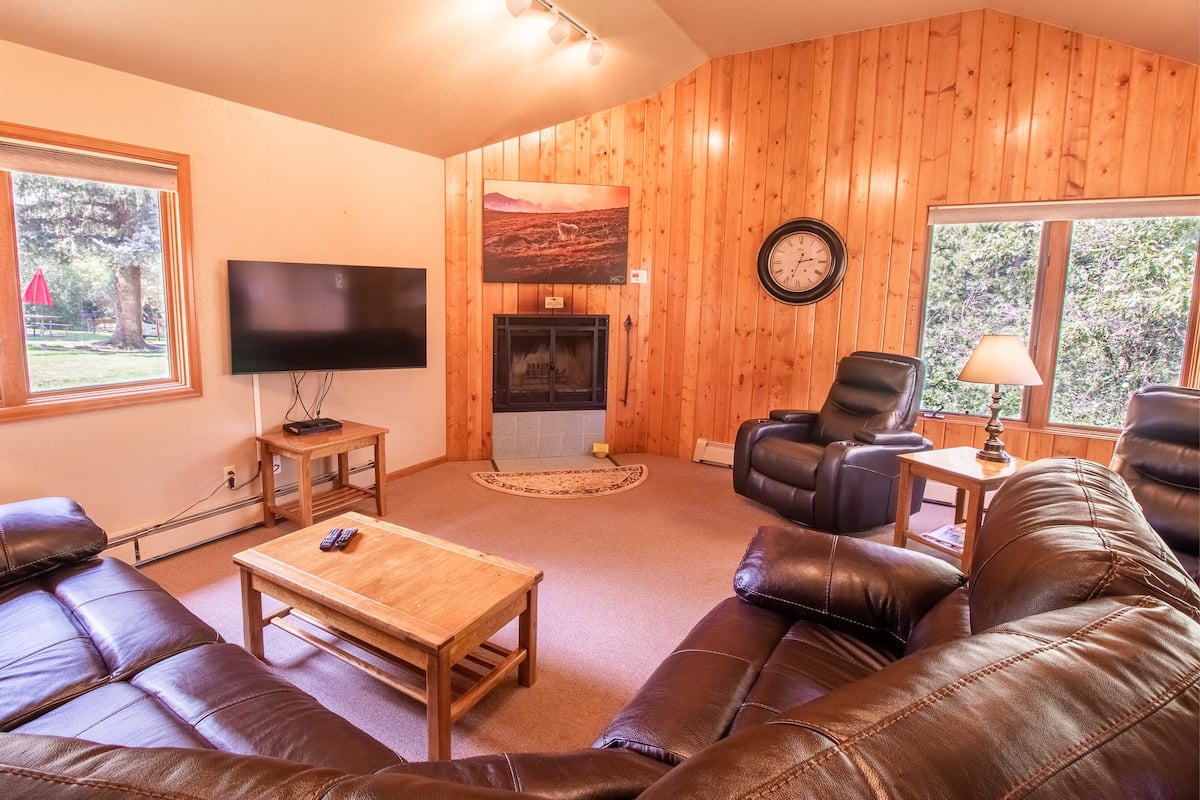 A cozy living room with leather sofas, a wooden coffee table, a fireplace, and a television.