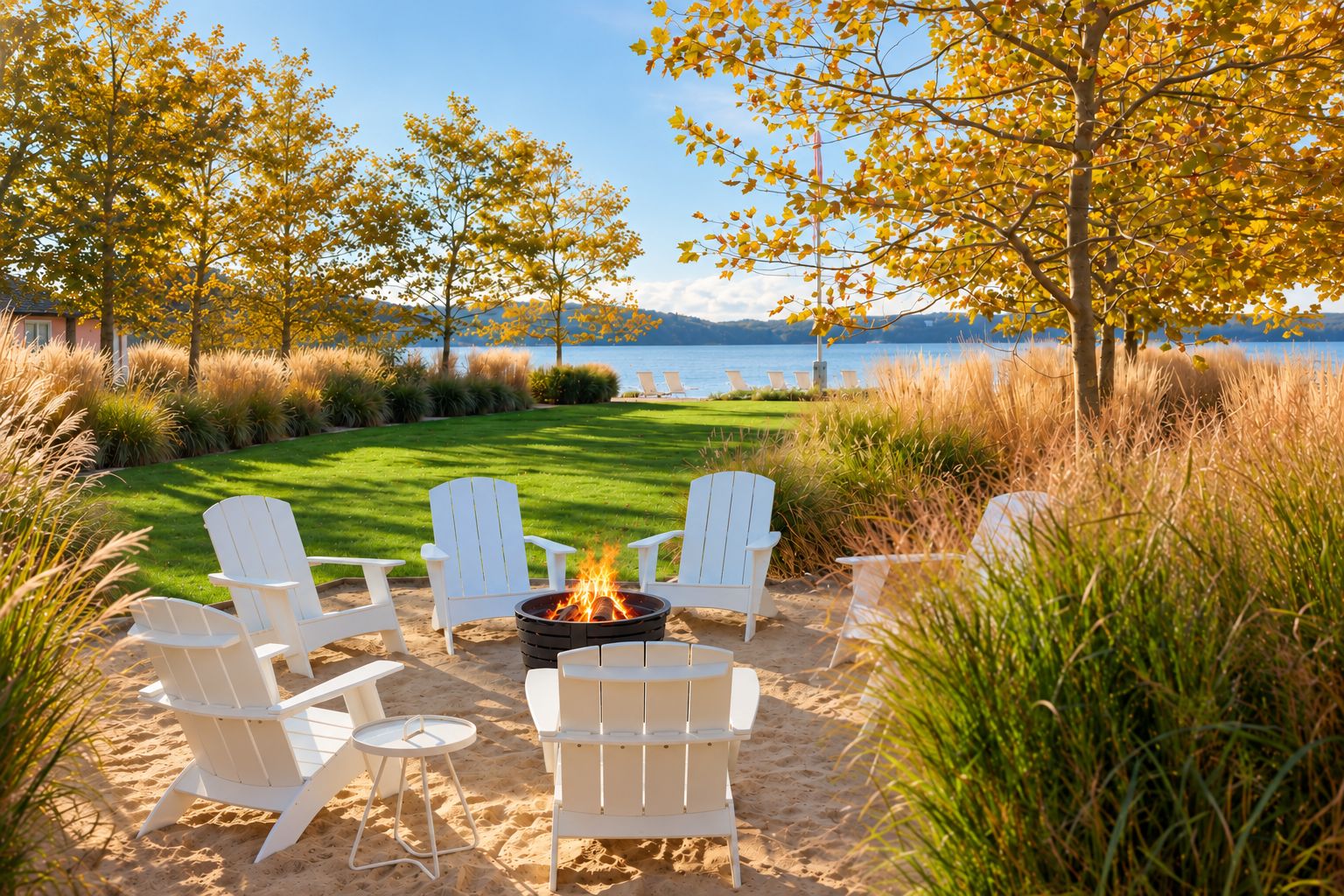 A beachside outdoor seating area with white Adirondack chairs and a fire pit.