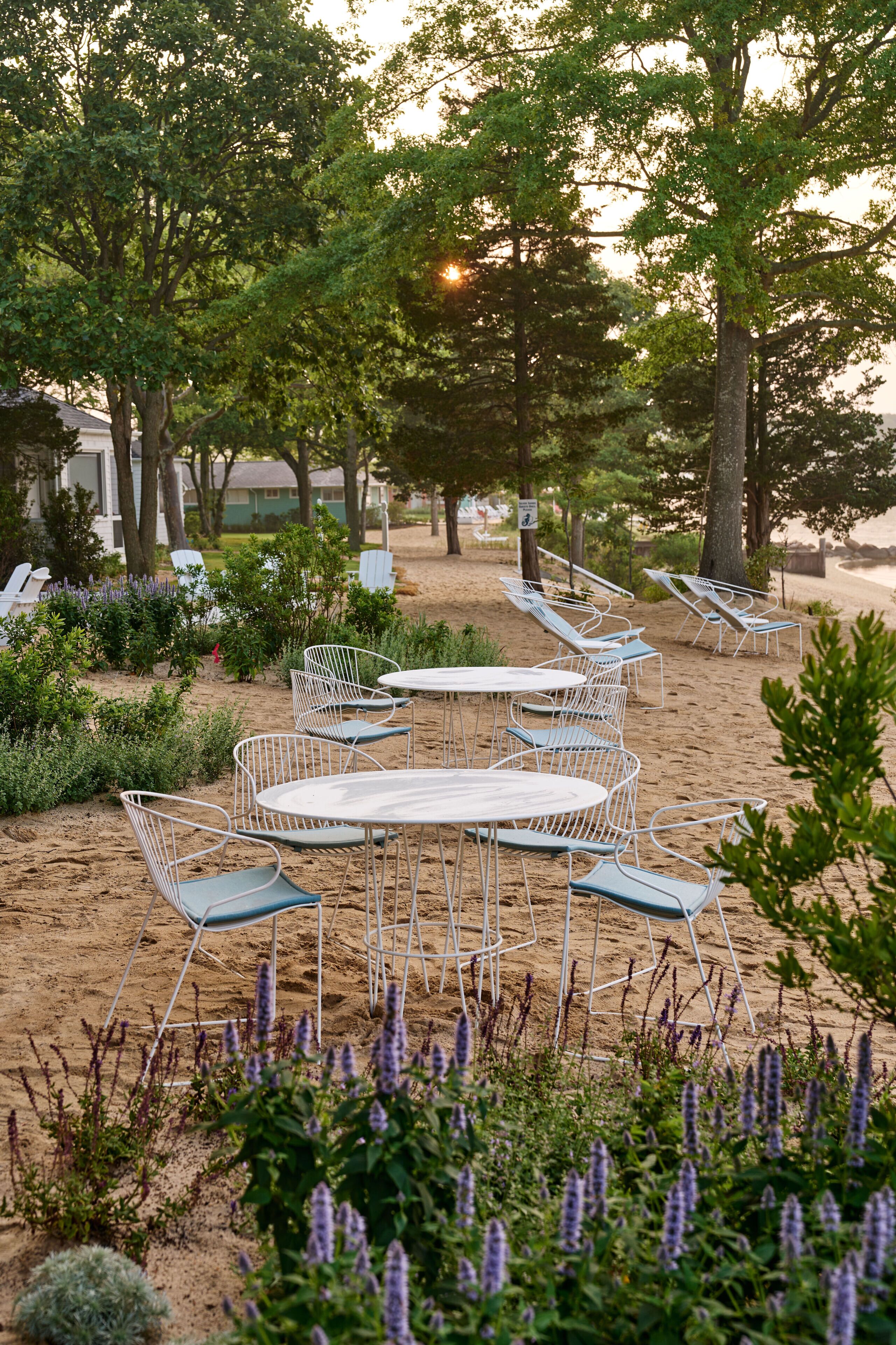 Outdoor seating with tables and chairs, surrounded by trees and plants.