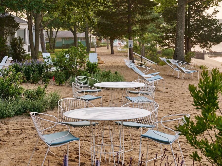 Outdoor seating with tables and chairs, surrounded by trees and plants.