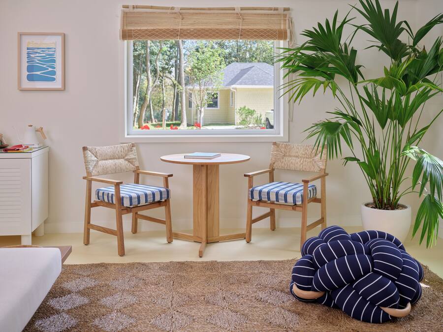 A room with two chairs, a small table, a large potted plant, and a window with a view of trees and a house.