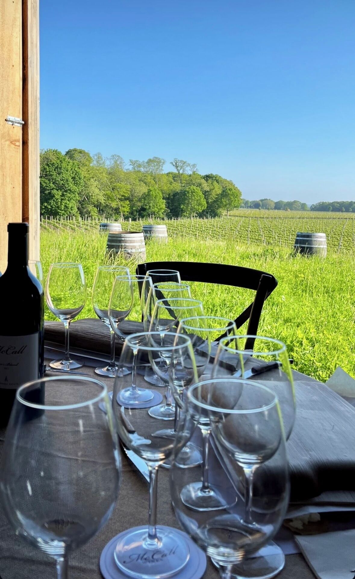 A table set outdoors with wine glasses and a bottle, overlooking a vineyard.