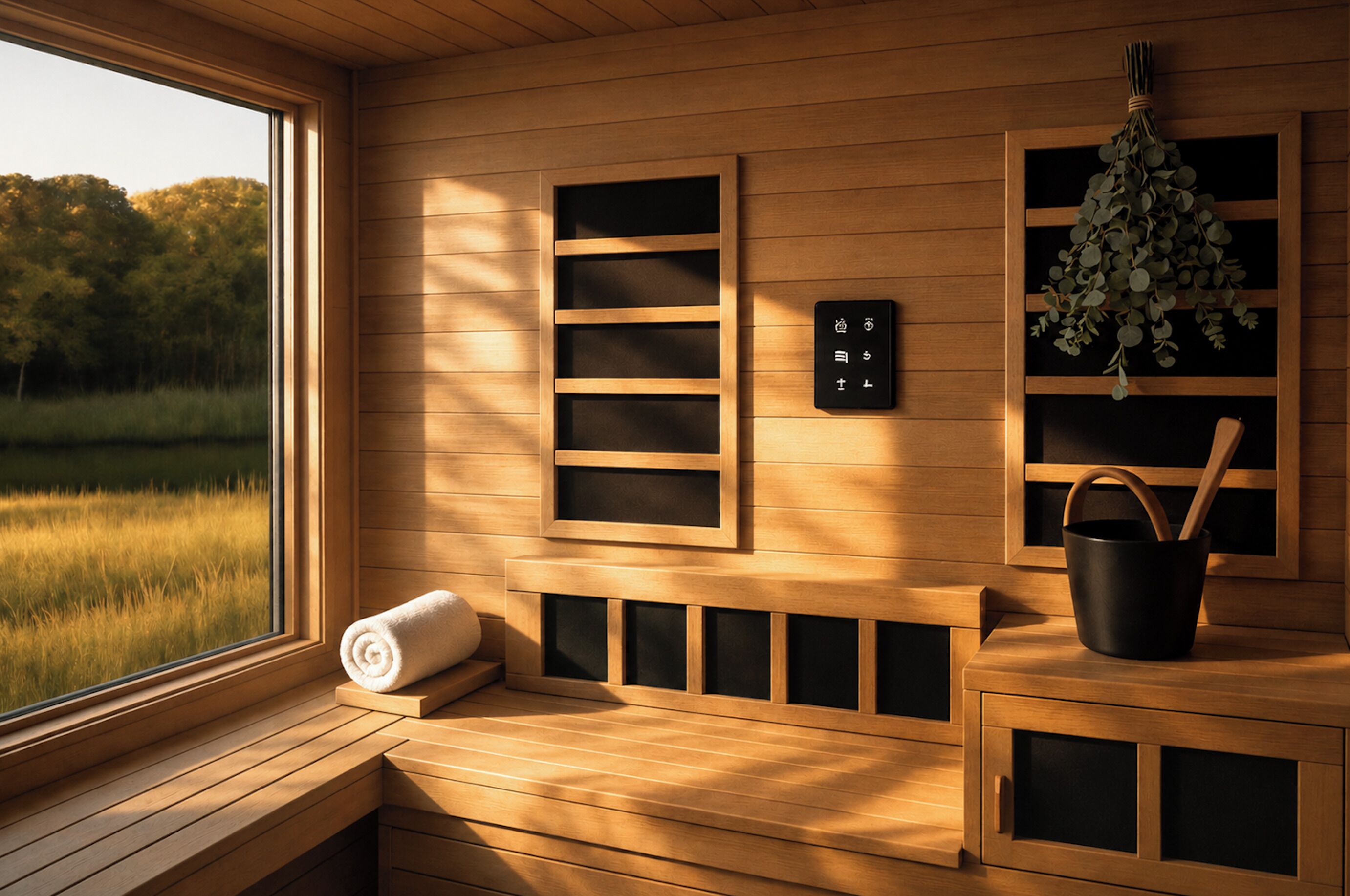 A sauna room with wooden benches, a window with a view of a grassy field, a control panel, and a hanging plant.