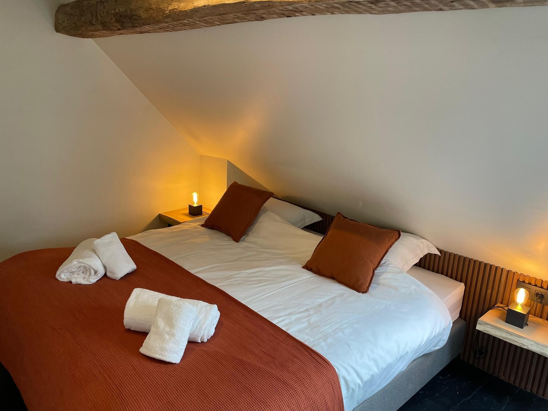 A neatly made bed with white linens and brown pillows, a red throw blanket, and two white towels on the bed. There is a nightstand with a lamp on it to the right of the bed.