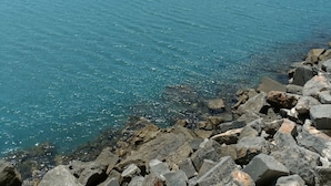 Une scène de plage côtière avec une eau d’un bleu limpide, un rivage rocheux et des bâtiments situés au loin.