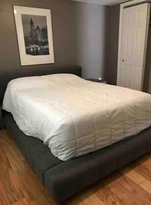 A bedroom with a bed, a framed picture on the wall, and a door.