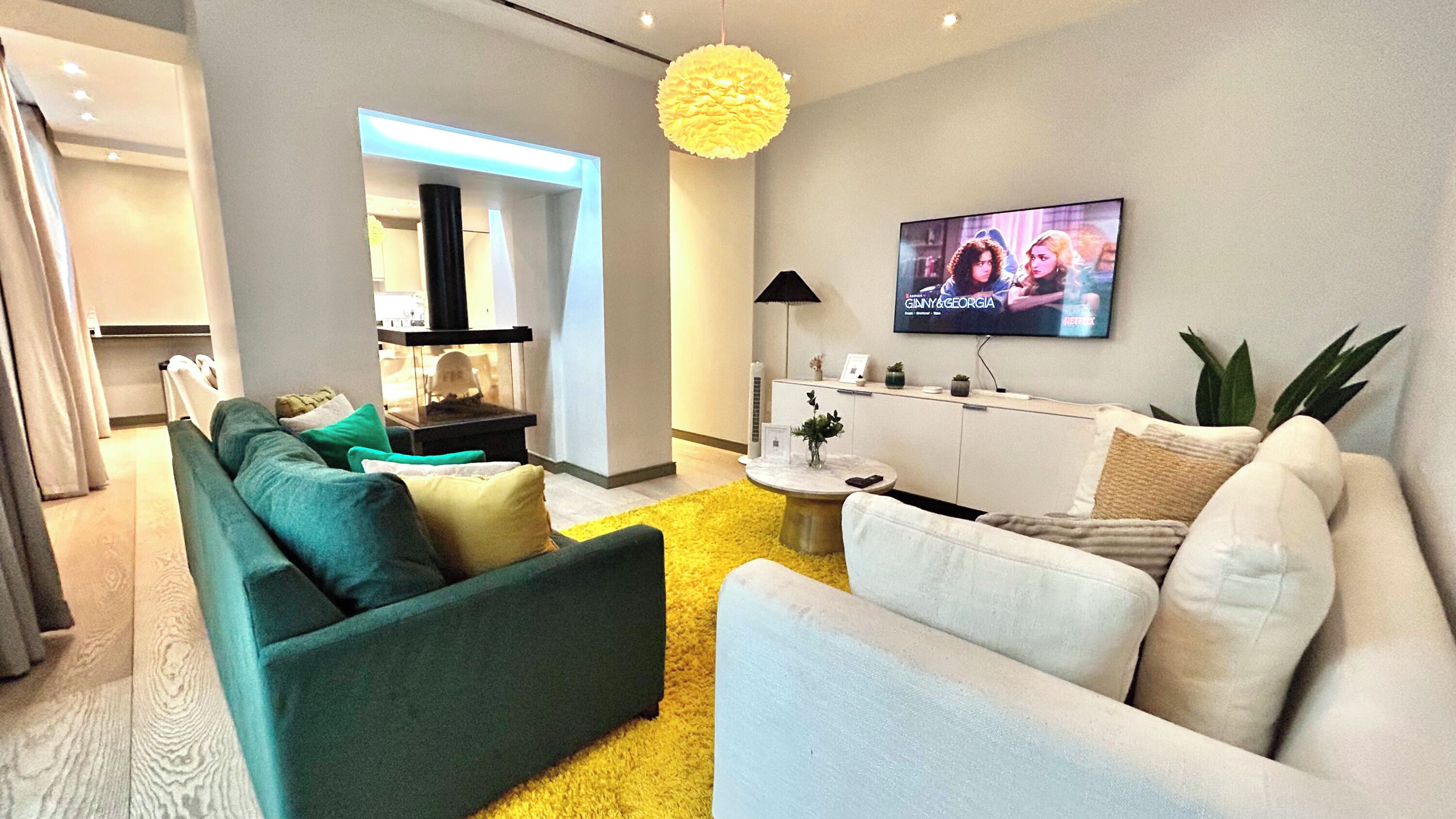 TV connectée, cheminée, livres