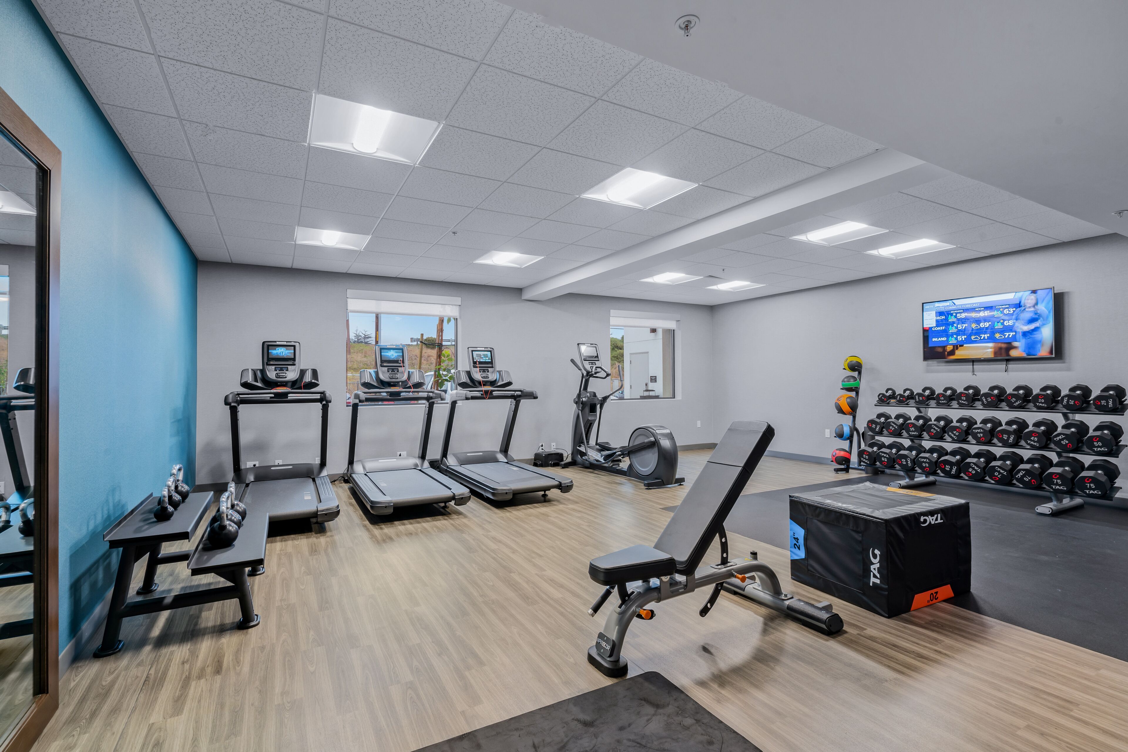 A gym with treadmills, elliptical machines, dumbbells, and a TV on the wall.