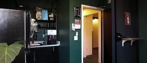 Full-size fridge, microwave, toaster