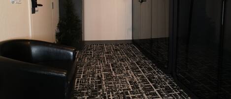 Un pasillo con alfombra estampada, un sillón de cuero negro, una puerta con panel de vidrio y una planta pequeña.