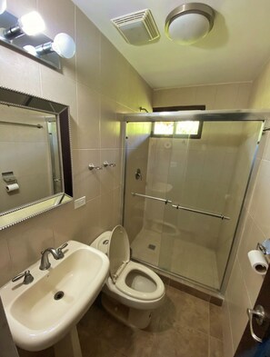 Shower, hair dryer, towels, soap