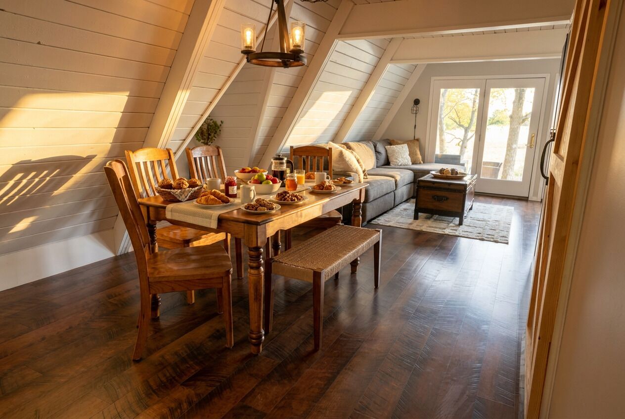 A cozy dining area with a wooden table set for breakfast, surrounded by chairs, in a room with sloped ceilings and a view through a glass door.