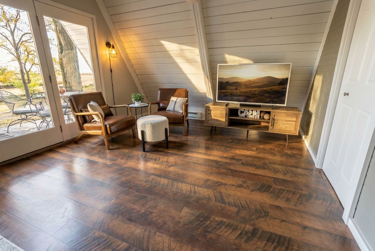 A cozy living room with a TV, wooden entertainment unit, and a large window overlooking a garden.