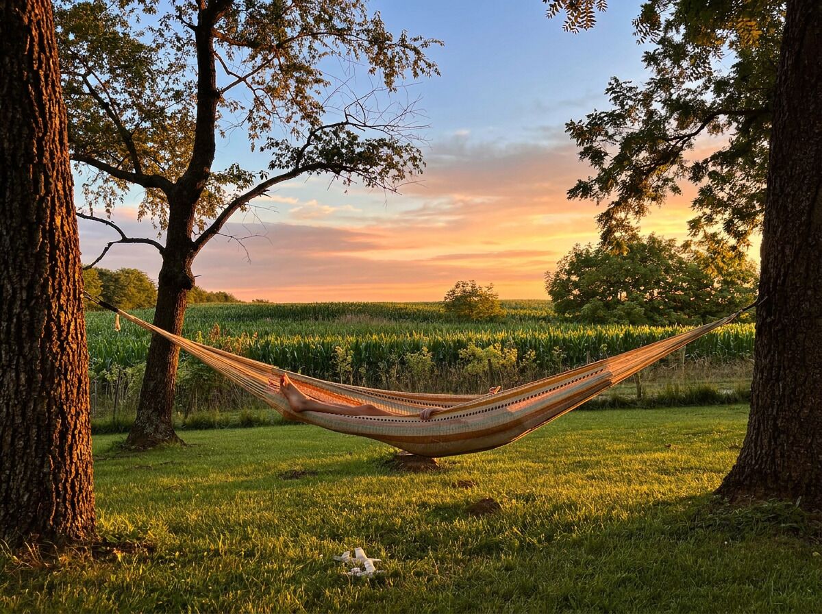 A hammock between trees in a grassy field with a sunset in the background.