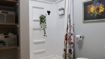 Regadera, secadora de cabello, toallas