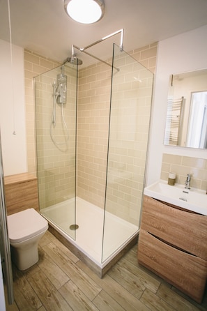Une salle de bain moderne avec une douche à parois de verre, un meuble-lavabo en bois et des toilettes.