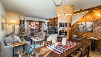 Smart TV, fireplace, books