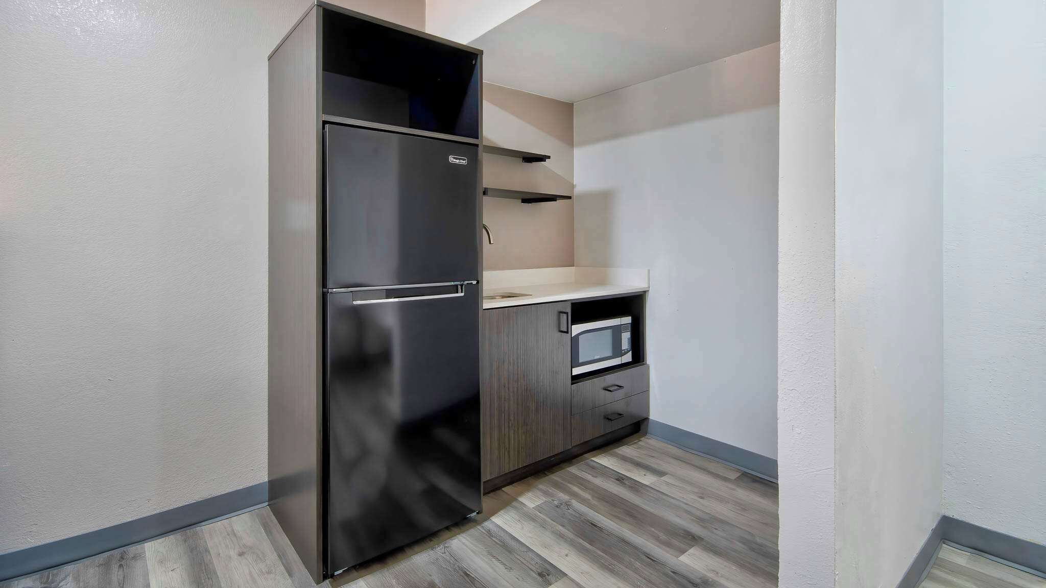 Full-size fridge, microwave