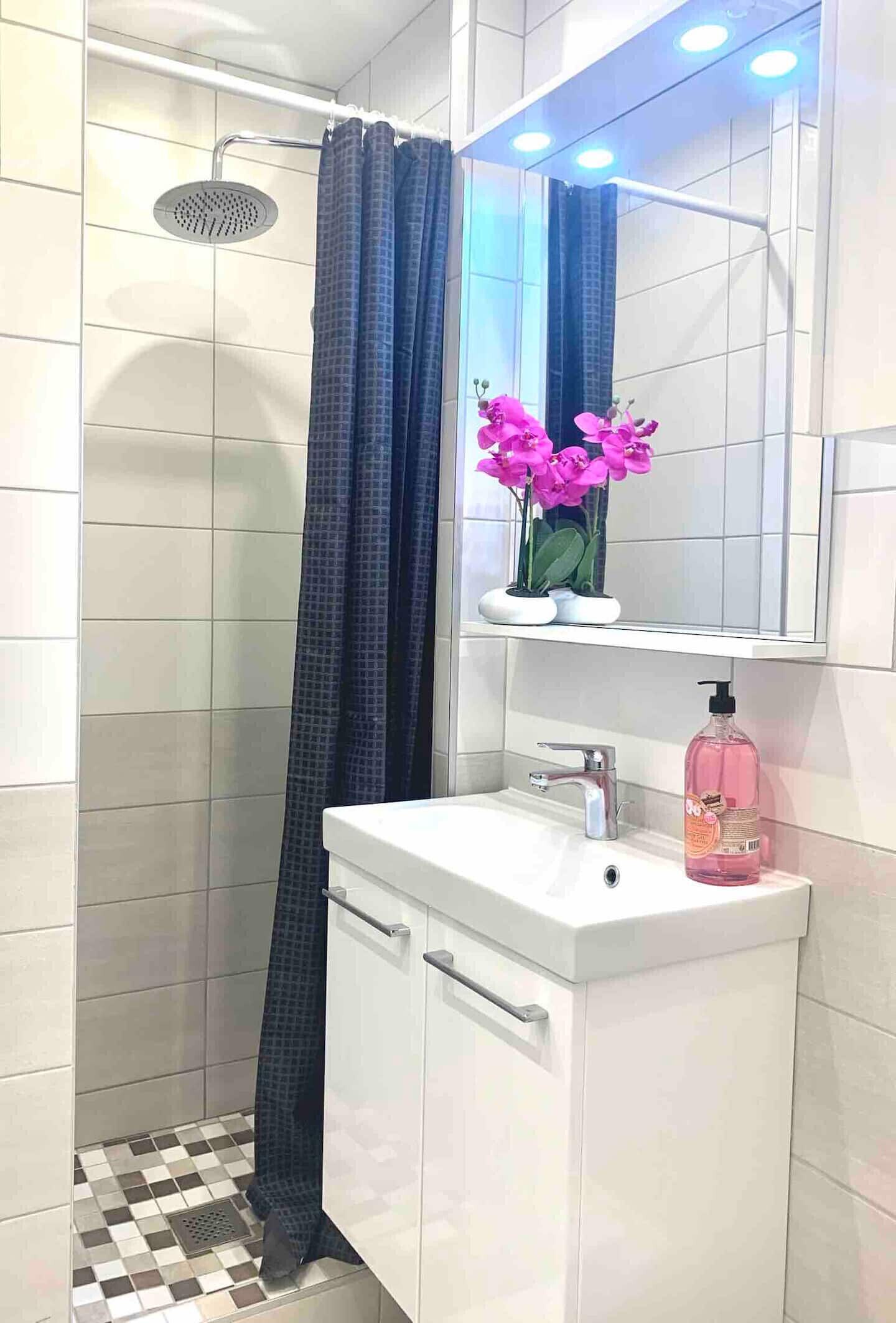 Dusche, Haartrockner, Handtücher, Seife