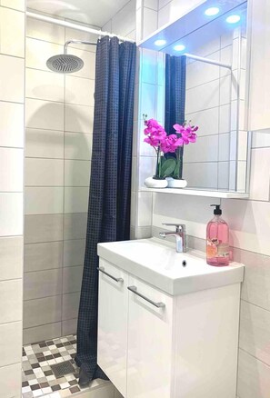 Douche, sèche-cheveux, serviettes fournies, savon