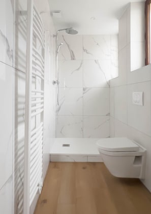 Douche, séchoir à cheveux, serviettes fournies, savon