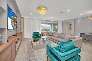 Deluxe House, Multiple Bedrooms, Private Pool | Living area | LED TV, video-game console - Phillips 8Bed Family Friendly Retreat (Davenport)