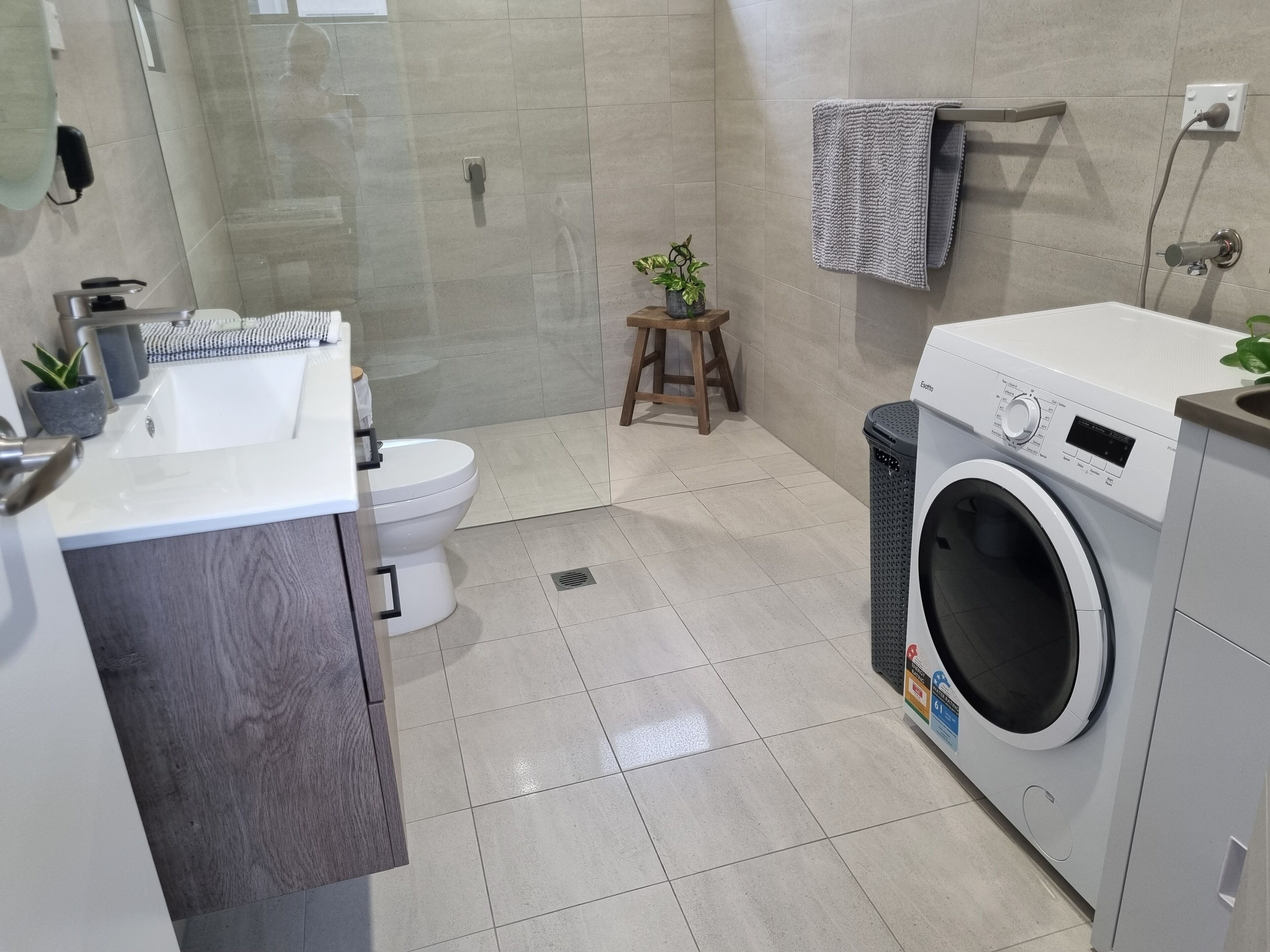 Hair dryer, towels, soap, shampoo