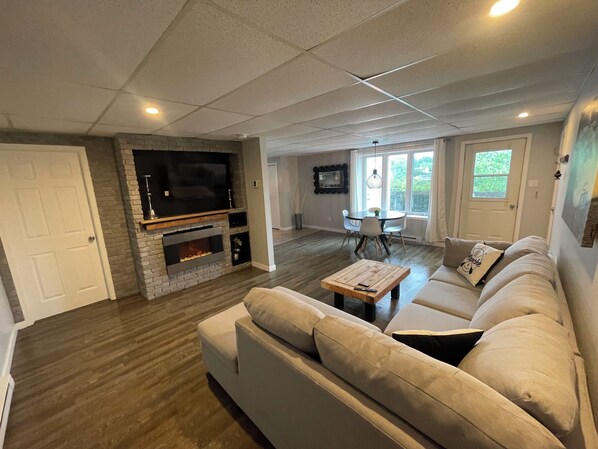 Smart TV, fireplace, books