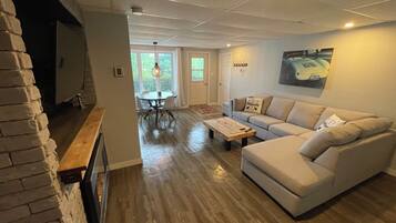 Smart TV, fireplace, books