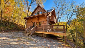 A wooden cabin with a porch and a staircase leading to the entrance.