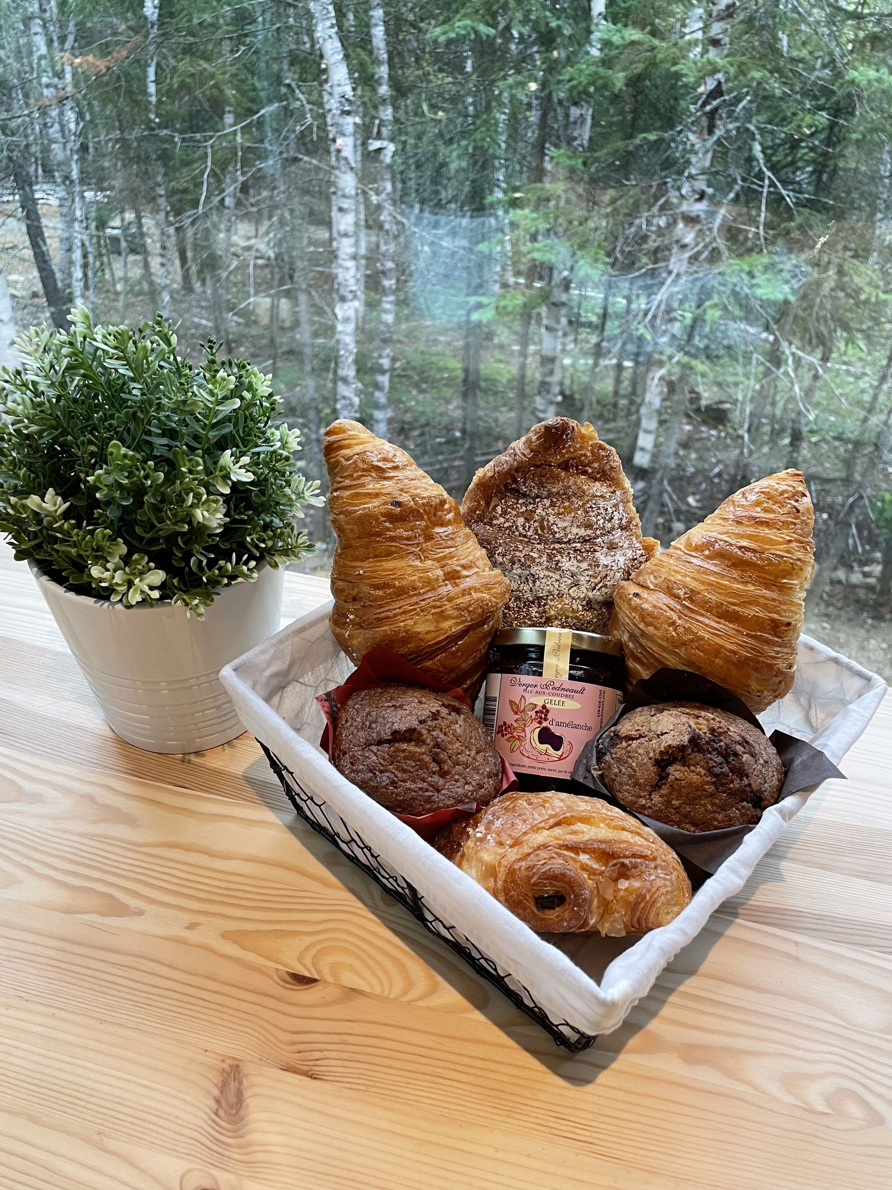 A tray of assorted pastries and a potted plant on a wooden table with a forest view.