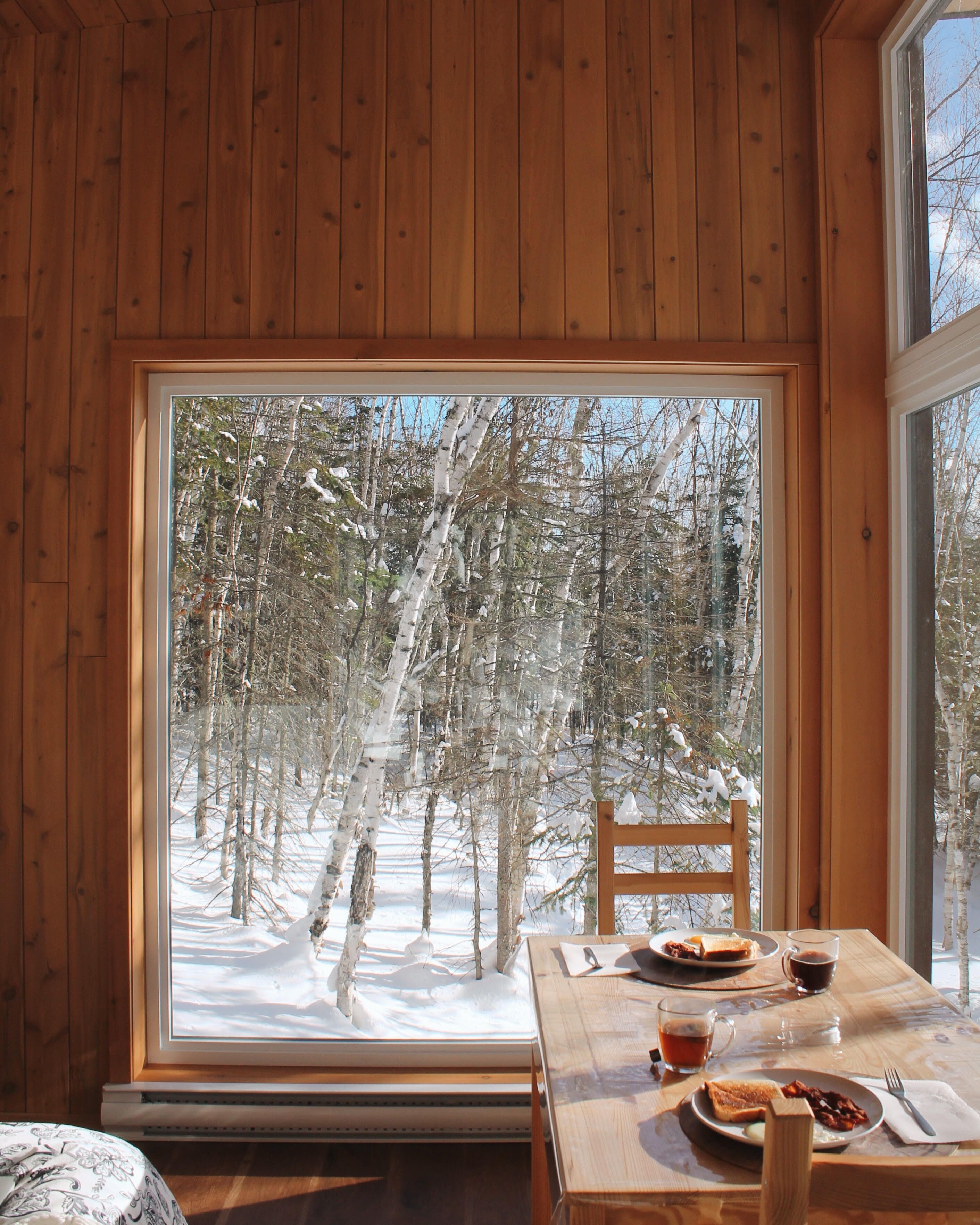 Interior de una cabaña de madera con un amplio ventanal que ofrece vistas a un bosque nevado.