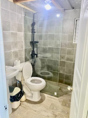 A small bathroom with a toilet, sink, and shower enclosure. - Glamping Jarabacoa (Jarabacoa)