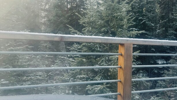 Baranda de madera con suelo cubierto de nieve y árboles de hoja perenne al fondo.