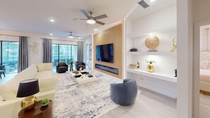 Family House, Multiple Bedrooms, Private Pool | Living area | 55-inch Smart TV with satellite channels, TV, video-game console