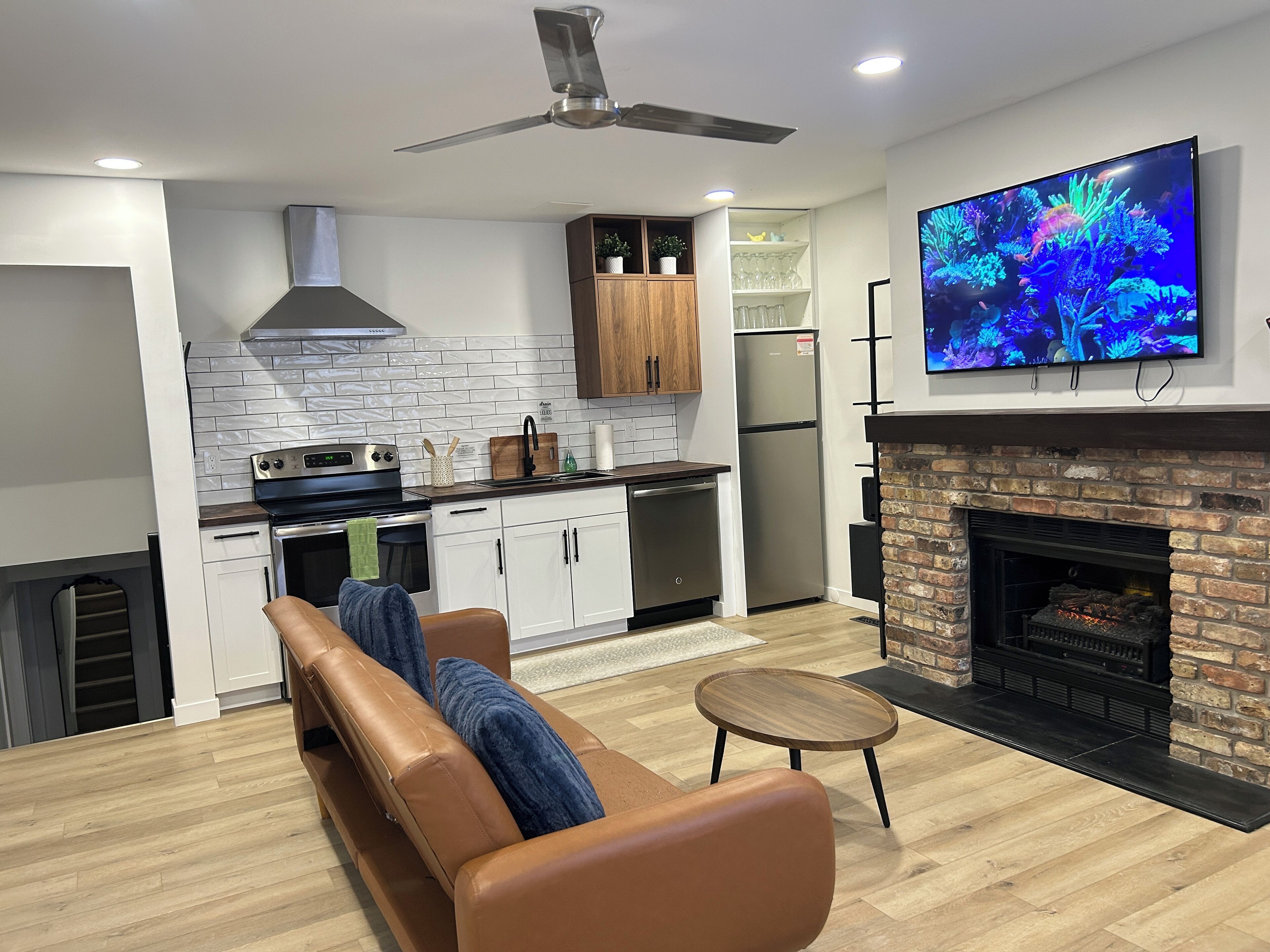 Smart TV, chimenea y libros 