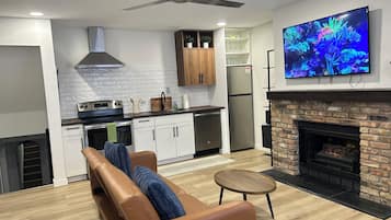 Smart TV, fireplace, books